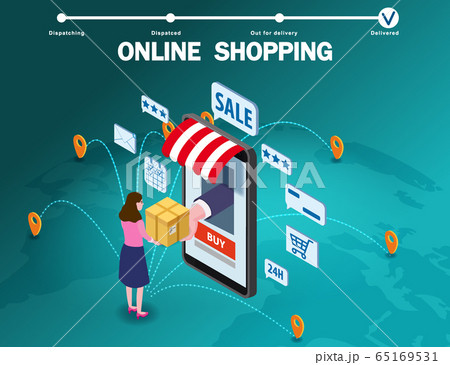 Online shopping young women character makes a purchase smartphone internet shop. Isometric supermarket with icons, awning, palnet Earth background. Vector concept and Digital marketing landing page 65169531
