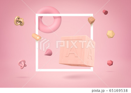 3d rendering of rose pink ABC block, square white frame, and different geometric objects floating here and there on yogurt pink background. 3d rendering of rose pink ABC block, square white frame, and different geometric objects floating here and there on yogurt pink background. 65169538