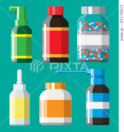 Set of bottles, tablets, pills, capsules and spray Set of bottles, tablets, pills, capsules and spray 65170015