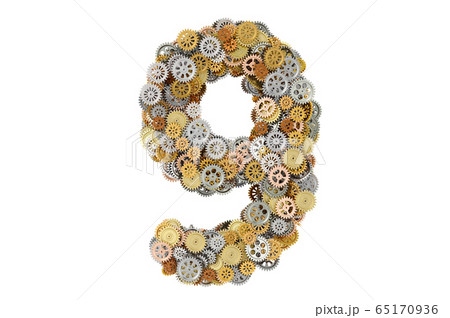 Number 9 from gearwheels, 3D rendering 65170936