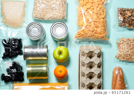 Set of food products. Food supplies.. Donation, coronavirus and quarantine concept. Set of food products. Food supplies.. Donation, coronavirus and quarantine concept. 65171261