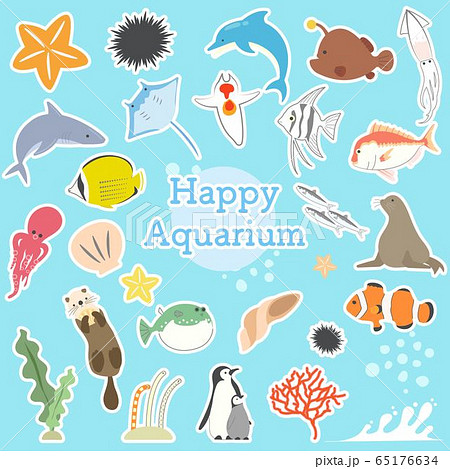 水族館にいる海洋生物の白フチアイコン風セット 65176634