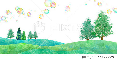 シャボン玉が浮かぶ新緑の風景、水彩イラスト シャボン玉が浮かぶ新緑の風景、水彩イラスト 65177729