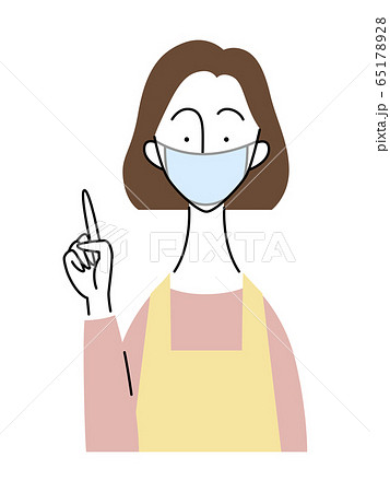 エプロンとマスクを付けた女性／指をさすジェスチャー 65178928