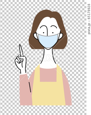 エプロンとマスクを付けた女性／指をさすジェスチャー 65178928