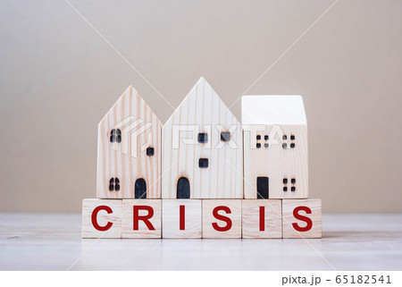 CRISIS cube blocks with wooden house model on CRISIS cube blocks with wooden house model on 65182541