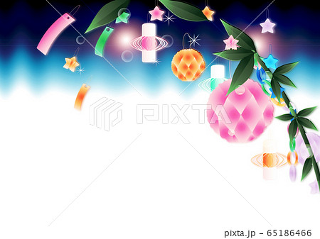七夕飾り笹の葉にキラキラした大きいあみ飾りのイラスト夜空のイメージ横スタイル背景素材のイラスト素材