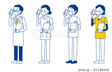 スマホで通話をする医療従事者（医師・看護師・理学療法士・放射線技師）のイラストセット 65186640