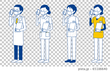 スマホで通話をする医療従事者（医師・看護師・理学療法士・放射線技師）のイラストセット 65186640