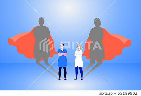 Doctor and nurse wearing medical masks with superhero shadow on the wall. Hospital staff, nurses heroes fight corona virus pandemic, epidemic. Strong, courage, brave life saving medical . 65189902