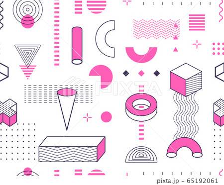 Seamless Memphis style graphic design wallpaper pattern. Repeatable hand drawn geometric shapes outline vector illustration. Geometry elements contour texture. 65192061