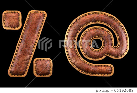 Set of symbols percent and at made of leather. 3D render font with skin texture isolated on black background. 65192688