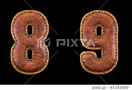 Set of numbers 8, 9 made of leather. 3D render font with skin texture isolated on black background. 65192690