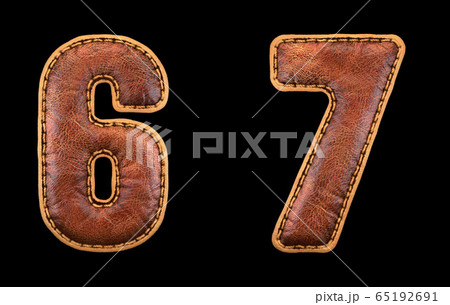 Set of numbers 6, 7 made of leather. 3D render font with skin texture isolated on black background. 65192691