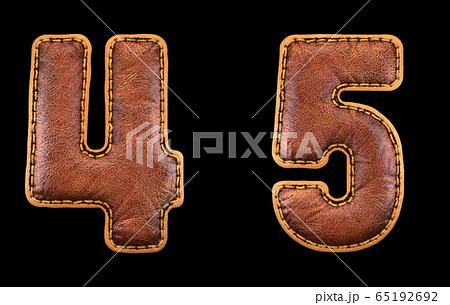 Set of numbers 4, 5 made of leather. 3D render font with skin texture isolated on black background. 65192692