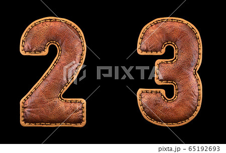 Set of numbers 2, 3 made of leather. 3D render font with skin texture isolated on black background. 65192693