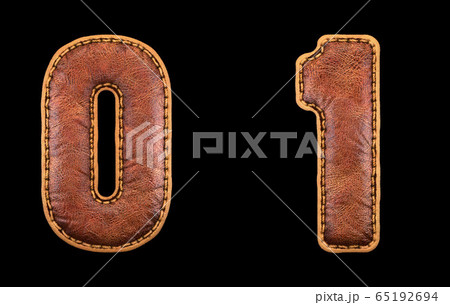 Set of numbers 0, 1 made of leather. 3D render font with skin texture isolated on black background. 65192694