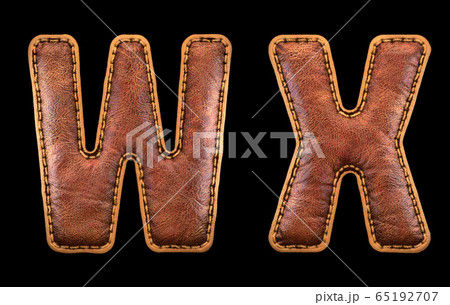 Set of leather letters W, X uppercase. 3D render font with skin texture isolated on black background. 65192707
