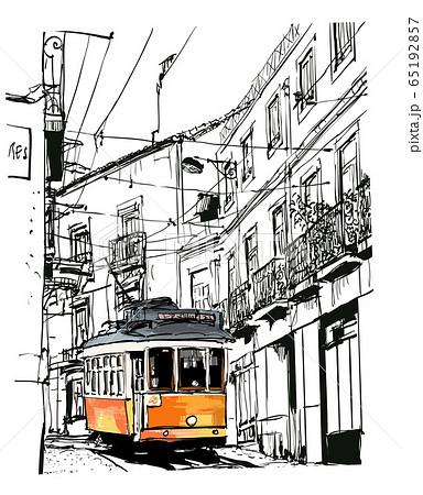 Street view with famous old tram in Lisbon city, 65192857