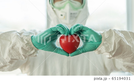 Medical health care, life insurance, organ donor charity donation, world heart health day concept with doctor in ppe personal protective equipment holding heart in hospital lab Medical health care, life insurance, organ donor charity donation, world heart health day concept with doctor in ppe personal protective equipment holding heart in hospital lab 65194031