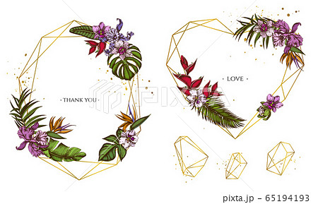 Golden frame with monstera, banana palm leaves, strelitzia, heliconia, tropical palm leaves, orchid 65194193