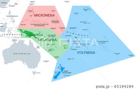 Melanesia, Micronesia and Polynesia, political map. Colored geographic regions of Oceania, southeast of the Asia-Pacific region. English labeling. Illustration on white background. Vector. Melanesia, Micronesia and Polynesia, political map. Colored geographic regions of Oceania, southeast of the Asia-Pacific region. English labeling. Illustration on white background. Vector. 65194284