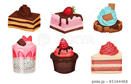 Sweet Layered Desserts and Cakes with Whipped Cream and Chocolate Topping Vector Set 65194468