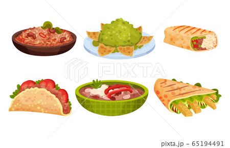 Mexican Snacks and Dishes Vector Set. Appetizing Traditional Courses and Starters Collection 65194491