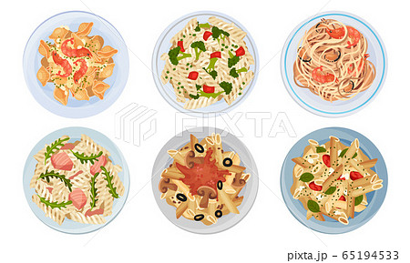 Different Pasta Served on Plate Top View Vector Set Different Pasta Served on Plate Top View Vector Set 65194533