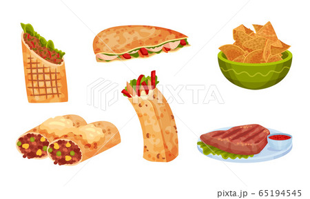 Mexican Snacks and Dishes Vector Set. Appetizing Traditional Courses and Starters Collection 65194545