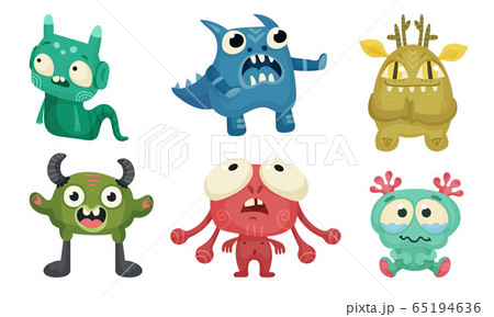 Big Eyed Monsters with Horns Expressing Emotions Vector Set 65194636