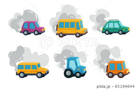 Cars On The Road Throwing Out Smoke Vector Setのイラスト素材