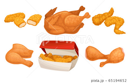 Fried Chicken Meat with Wings and Legs Poured in Baskets Vector Set Fried Chicken Meat with Wings and Legs Poured in Baskets Vector Set 65194652