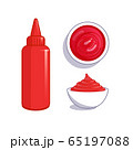 Ketchup sauce. In bottle and bowl, top and side view. 65197088