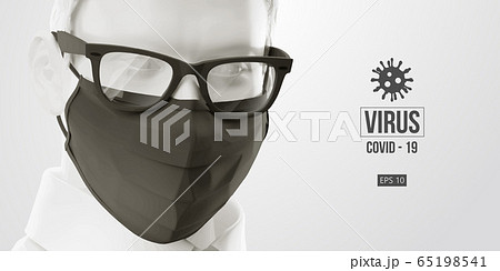 Novel coronavirus COVID-2019. Man in white color in black mask on a white background. Virus 2019-nCoV logo. Stay at home. Work from home. Medical mask and virus protection. Vector illustration 65198541