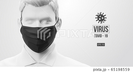 Novel coronavirus COVID-2019. Man in white color in black mask on a white background. Virus 2019-nCoV logo. Stay at home. Work from home. Medical mask and virus protection. Vector illustration 65198559