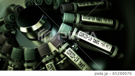 Tube of biological sample contaminated by Coronavirus with label Covid-19. Vials of blood in a centrifuge. Pandemic infectious concept. 3D 65200070
