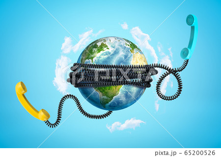 3d rendering of Earth with phone wires bound around it and two phone receivers floating beside in bright blue sky. 65200526