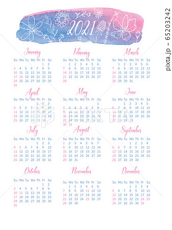 Calendar With Flowers And Watercolor Pink-blue Stain For 2021 65203242