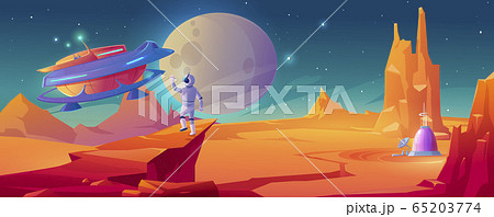 Astronaut on alien planet waving hand to spaceship Astronaut on alien planet waving hand to spaceship 65203774