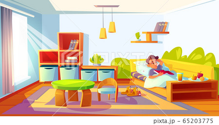 Sick child with fever in bed with thermometer Sick child with fever in bed with thermometer 65203775