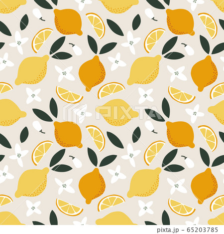 Summer seamless pattern. Whole and cut juicy lemons, leaves and blossoms. Mediterranean textile, fabric or scrapbooking design with citrus fruit and flowers. Mediterranean illustration background. Summer seamless pattern. Whole and cut juicy lemons, leaves and blossoms. Mediterranean textile, fabric or scrapbooking design with citrus fruit and flowers. Mediterranean illustration background. 65203785