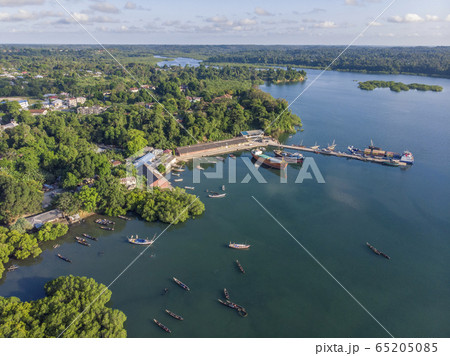 Aerial shot of Pemba island, zanzibar archipelago. Harbor in Wete city at evening time 65205085