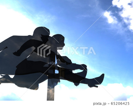 CG立体イラスト　壁を飛び越える男女のシルエット　ハードル　可能性　挑戦 65206425