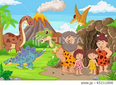 Group of cartoon cavemen and dinosaurs in the forest Group of cartoon cavemen and dinosaurs in the forest 65211806
