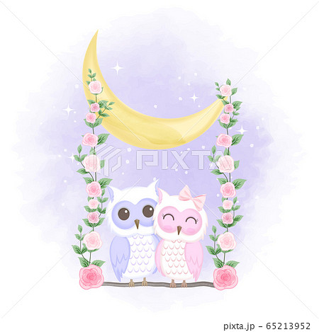 Cute couple owl on swing hand drawn cartoon - Stock Illustration [65213952]  - PIXTA