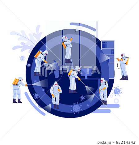 Disinfection Services and Deep Cleaning. Coronavirus, pandemic. Group Of Janitors In Uniform Cleaning and remediation to curb infection. Vector illustration. 65214342