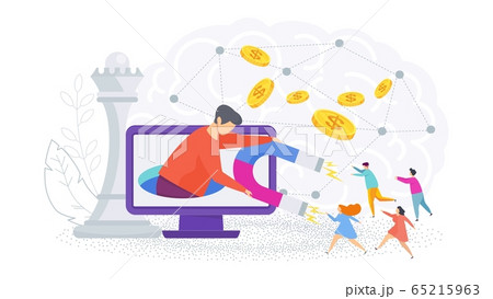 Attracting potential customers. Man with magnet attracts people. Attracting potential customers. Man with magnet attracts people. 65215963