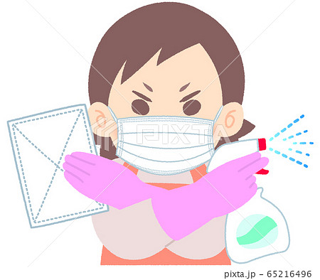 掃除 消毒に燃える女性 ゴム手袋着用 マスクあり 窓掃除 拭き掃除 水回りの掃除のイラスト素材