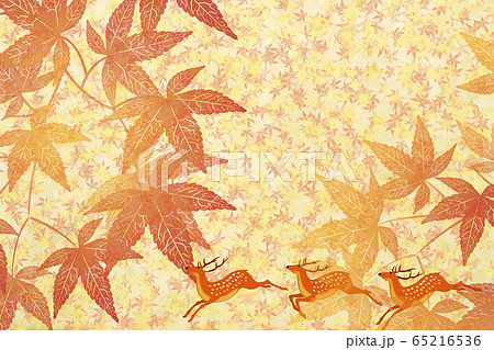 和風　もみじと鹿のイラスト 65216536